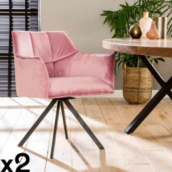 Melbourne Fauteuils En Tissu|Chaises Avec Accoudoirs|Fauteuil pivotant velours rose pied étoile (lot de 2)