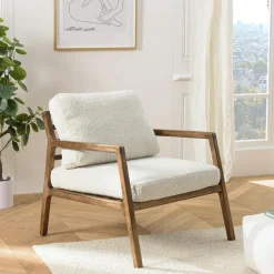 TIM Fauteuils En Tissu|Chaises Bouclettes|Fauteuil relax en bois coussin tissu bouclette écru