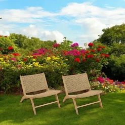 SUMMER Transats / Bains De Soleil|Fauteuil relax teck et cordes tressées beiges (lot de 2)