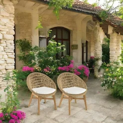 SUMMER Chaises De Jardin|Fauteuil rond tressé beige avec coussin blanc (lot de 2)