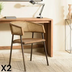 TIM Meubles De Bureau·Fauteuils De Bureau|Chaises Avec Accoudoirs|Fauteuil rotin et cuir havane dossier arrondi (lot de 2)
