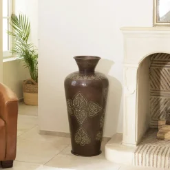 NADOR Vases|Grand vase oriental couleur cuivre foncé patiné motifs dorés H85,5 cm