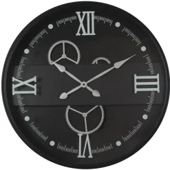 Horloges|Horloge murale noire et argent avec chiffres romains