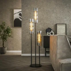 RALF Lampadaires|Lampadaire design en verre chromé, 3 abat-jour cylindriques