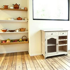 Tradition Meubles De Cuisine·Rangement Cuisine|Meuble de cuisine Hévéa 2 tiroirs, 1 porte grillagée, 1 niche, 2 racks à bouteilles 84x43x84cm