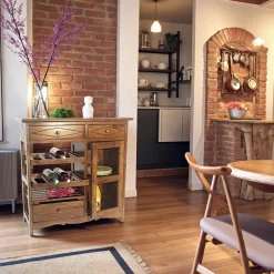 Tradition Meubles De Cuisine·Rangement Cuisine|Meuble de cuisine Hévéa 3 tiroirs, 1 porte grillagée, 1 étagères, 2 racks à bouteilles 83x38x84cm