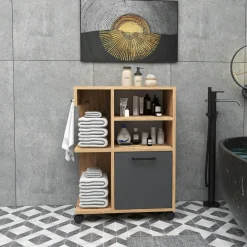 MARFA Meubles De Salle De Bains·Rangement Salle De Bains|Meuble de rangement sur roulettes effet bois de pin