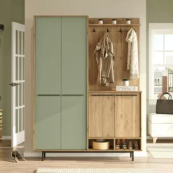 JENA Meubles D'Entrée·Portemanteaux|Meubles D'Entrée·Vestiaires|Meuble d'entrée avec rangement - vert sauge et effet chêne