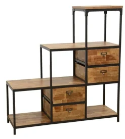 Loft / Loft Colors Etagères Industrielle|Meuble Escalier Double Faces 4 tiroirs, 4 niches cubes ouvertes en Hévéa recyclé naturel et métal 120x40x128cm LOFT