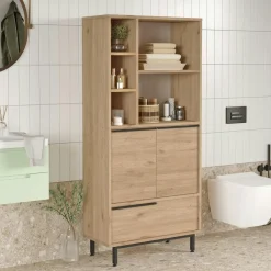 JENA Meubles De Salle De Bains·Rangement Salle De Bains|Meuble salle de bains haut avec cannage & effet bois