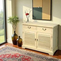 Maori Buffets En Bois|Buffets En Bois|Meuble TV / Buffet Hévéa 2 portes persiennes, 2 tiroirs 100x44x77cm