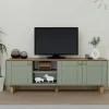 VAREN Meubles Tv En Bois|Meuble TV 3 portes vert sauge et plateau effet chêne