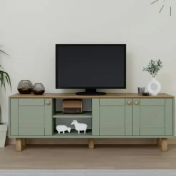 VAREN Meubles Tv En Bois|Meuble TV 3 portes vert sauge et plateau effet chêne