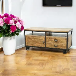 Loft / Loft Colors Meubles Tv Vintage|Meubles Tv Industriels|Meuble TV à roulettes 1 porte, 2 tiroirs, 2 niches en Hévéa recyclé naturel et métal 120x50x60cm LOFT