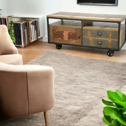 Loft / Loft Colors Meubles Tv Industriels|Meubles Tv En Bois|Meuble TV à roulettes double plateaux et étagére intermédiaire en Hévéa recyclé coloré et métal 140x50x52cm LOFT COLORS