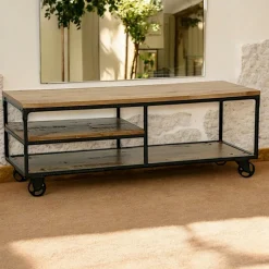 Loft / Loft Colors Meubles Tv Vintage|Meubles Tv Industriels|Meuble TV à roulettes double plateaux et étagére intermédiaire en Hévéa recyclé naturel et métal 140x50x52cm LOFT