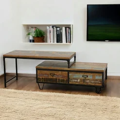 Loft / Loft Colors Meubles Tv Industriels|Meubles Tv En Bois|Meuble TV à roulettes en 2 parties, 2 tiroirs, 1 grand plateau en Hévéa recyclé coloré et métal 100x45x50cm LOFT COLORS