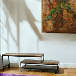 Loft / Loft Colors Meubles Tv Industriels|Meubles Tv En Bois|Meuble TV à roulettes en 2 parties, 2 tiroirs, 1 grand plateau en Hévéa recyclé coloré et métal 100x45x50cm LOFT COLORS