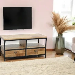 Loft / Loft Colors Meubles Tv Vintage|Meubles Tv Industriels|Meuble TV 3 tiroirs, 1 grande niche ouverte en Hévéa recyclé naturel et métal 150x45x50cm LOFT