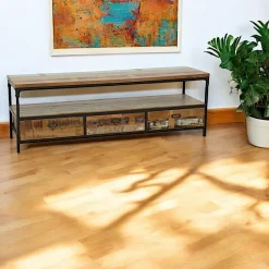 Loft / Loft Colors Meubles Tv Industriels|Meubles Tv En Bois|Meuble TV 3 tiroirs, 1 grande niche ouverte en Hévéa recyclé coloré et métal 150x45x50cm LOFT COLORS