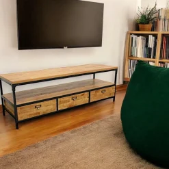 Loft / Loft Colors Meubles Tv Vintage|Meubles Tv Industriels|Meuble TV 2 tiroirs, 2 niches ouvertes en Hévéa recyclé naturel et métal 100x45x50cm LOFT