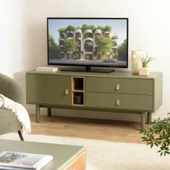GUILIN Meubles Tv En Bois|Meuble TV 2 tiroirs 1 porte bois vert nature