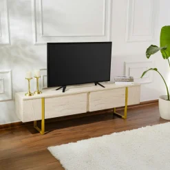 JENA Meubles Tv En Bois|Meuble TV avec rangement - effet travertin, pieds dorés