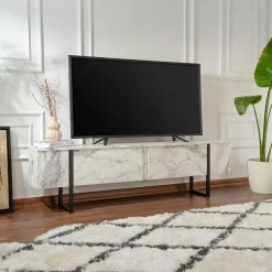 JENA Meubles Tv En Bois|Meuble TV avec rangement - effet travertin, pieds dorés