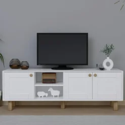 VAREN Meubles Tv En Bois|Meuble TV blanc, 3 portes à cadre et 2 niches