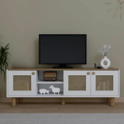 VAREN Meubles Tv En Bois|Meuble TV blanc, 3 portes à cadre et 2 niches