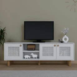 VAREN Meubles Tv En Bois|Meuble TV blanc avec cannage, 3 portes