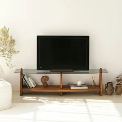 ANZIO Meubles Tv En Bois|Meuble TV bois brun et verre fumé - 2 niches, vintage