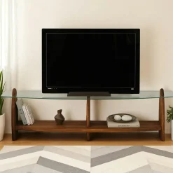 ANZIO Meubles Tv En Bois|Meuble TV bois brun et verre fumé - 2 niches, vintage