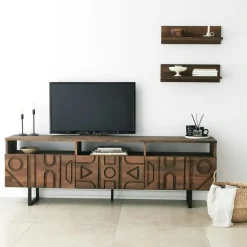 JACA Meubles Tv En Bois|Meuble TV bois brun motif graphique avec 2 étagères