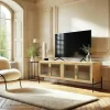 BAGAN Meubles Tv En Bois|Meuble TV bois clair 4 portes vitrées contour vert