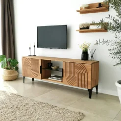 LECCE Meubles Tv En Bois|Meuble TV bois clair motif graphique avec 2 étagères