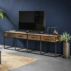 WELLINGTON Meubles Tv En Bois|Meuble tv bois recyclé brut acier 4 tiroirs