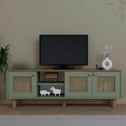 VAREN Meubles Tv En Bois|Meuble TV cannage, 3 portes sauge plateau effet chêne