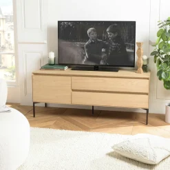 MAYENCE Meubles Tv En Bois|Meuble TV contemporain bois couleur noire 1 porte 2 tiroirs