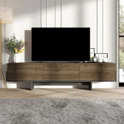 MARFA Meubles Tv En Bois|Meuble TV design 3 portes striées effet noyer cadre noir