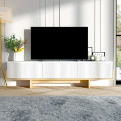 MARFA Meubles Tv En Bois|Meuble TV design 3 portes striées effet noyer cadre noir