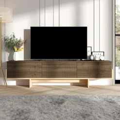 MARFA Meubles Tv En Bois|Meuble TV design 3 portes striées effet bois foncé cadre clair