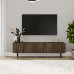 JENA Meubles Tv En Bois|Meuble TV design effet bois foncé pieds noirs baguette