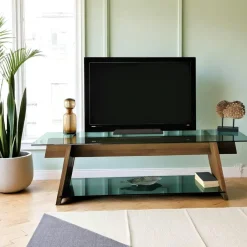 LHASA Meubles Tv En Bois|Meuble TV en bois brun et verre lagon - forme trapèze