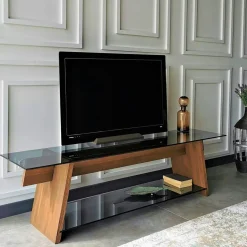 LHASA Meubles Tv En Bois|Meuble TV en bois brun et verre lagon - forme trapèze