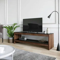 LHASA Meubles Tv En Bois|Meuble TV en bois brun et verre fumé -