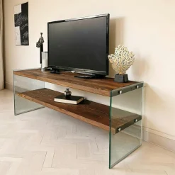 LHASA Meubles Tv En Bois|Meuble TV en bois marron et verre - 2 niveaux