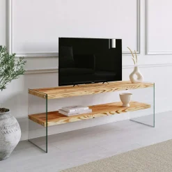 LHASA Meubles Tv En Bois|Meuble TV en bois marron et verre - 2 niveaux