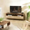 KANHA Meubles Tv En Bois|Meuble TV en bois pieds couleur laiton grande niche 2 tiroirs
