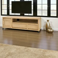 Olga Meubles Tv En Bois|Meuble TV Hévéa à roulettes, 1 porte, 2 tiroirs, 1 grande niche 140x45x47,5